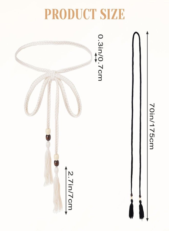 Suohheh 2 Pcs Tassel Braided Waist Belt for Women Trendy, Thin Boho Rope Belts for Women Cotton Rope Chain Ties Waistband for Cloth Tunics Beaded Skirt Dress Pants Robe Bowknot Decorative(Black & Beige) - Image 2